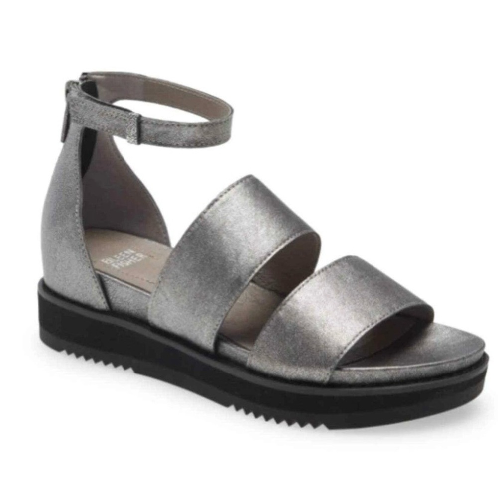 Eileen Fisher Silver Metallic Kero Strappy Platform Sandals Size 8